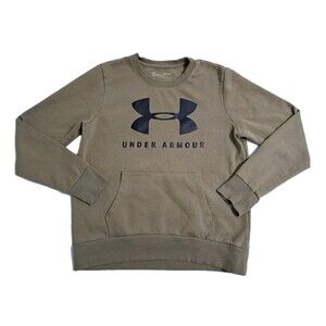 Under Armour Mens Small Rival Fleece Big Logo Pocket Pullover Sweater Tan Beige